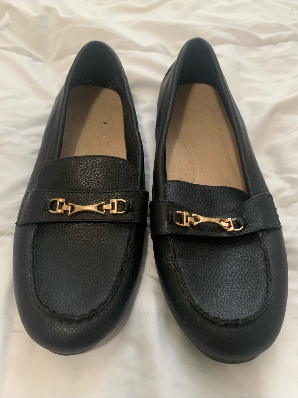 Classic Black Leather-Look Women's Loafers with Gold Bit Detail